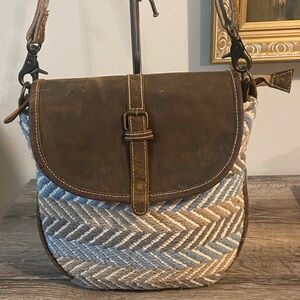 Myra Bag Brown Blue Gray Leather and Cotton Chevron Shoulder Crossbody Bag